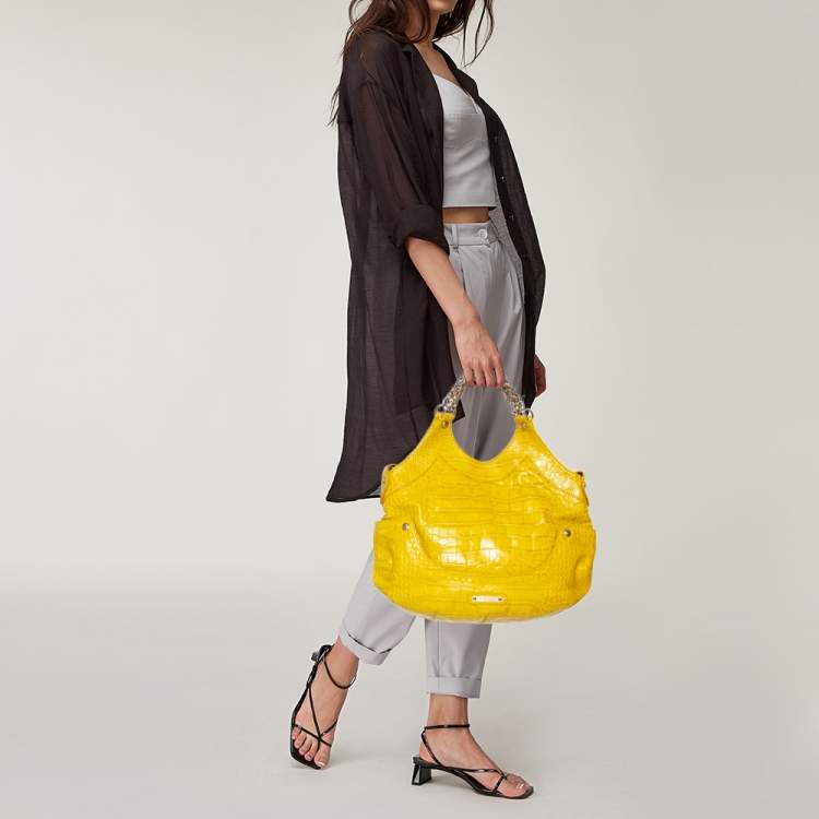 Pre Owned Versace Yellow Croc Embossed Leather Kiss Satchel