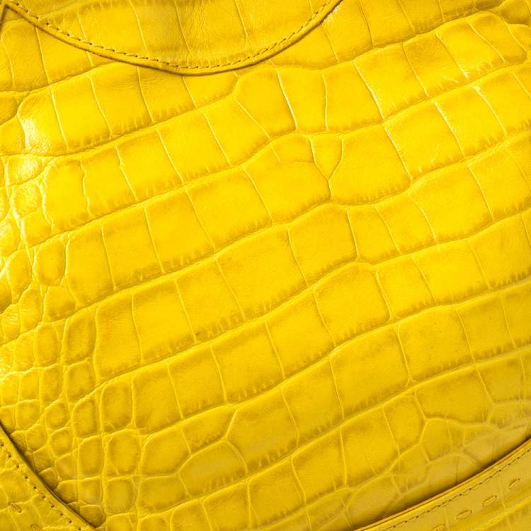 Pre Owned Versace Yellow Croc Embossed Leather Kiss Satchel