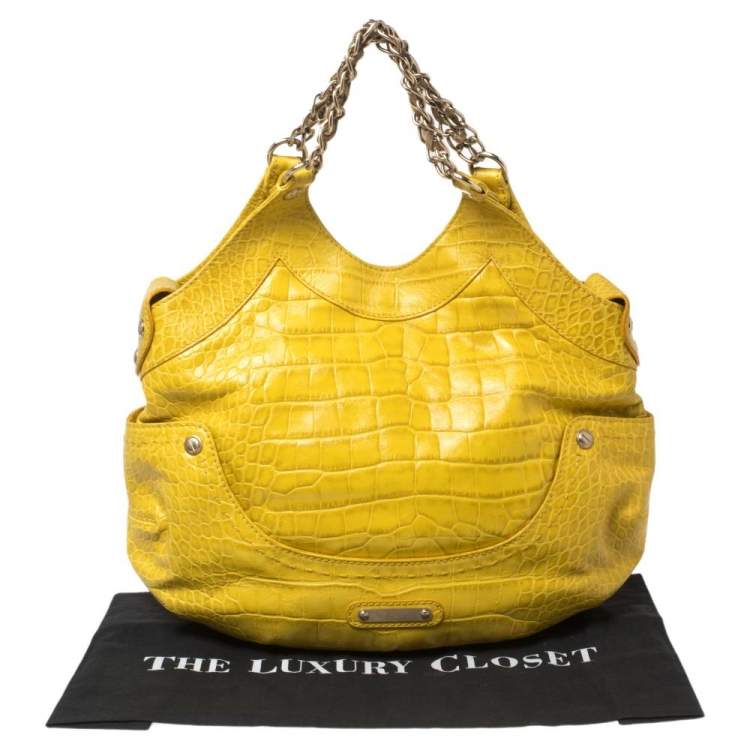 Pre Owned Versace Yellow Croc Embossed Leather Kiss Satchel