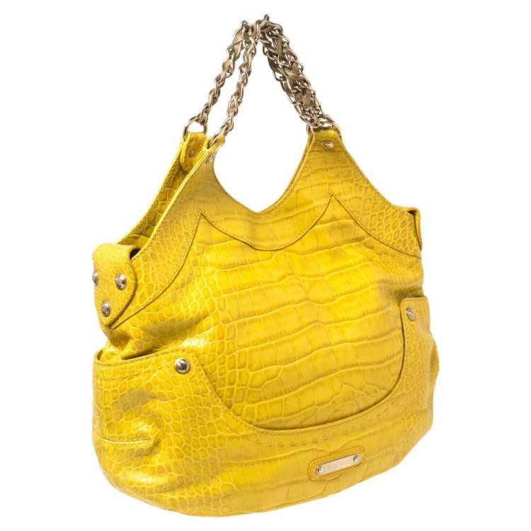 Pre Owned Versace Yellow Croc Embossed Leather Kiss Satchel