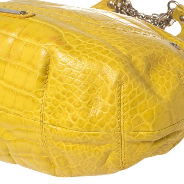 Pre Owned Versace Yellow Croc Embossed Leather Kiss Satchel