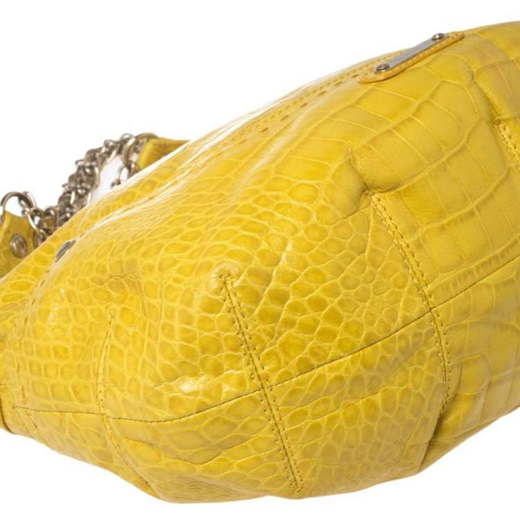 Pre Owned Versace Yellow Croc Embossed Leather Kiss Satchel