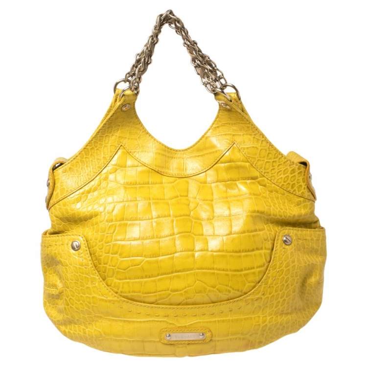 Pre Owned Versace Yellow Croc Embossed Leather Kiss Satchel
