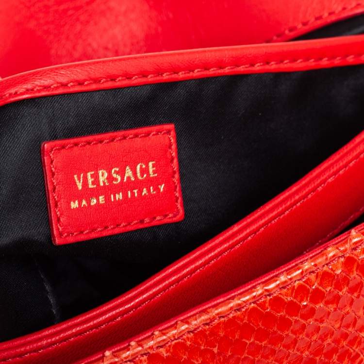 Pre Owned Versace Orange Embossed Python Leather Medusa Flap Shoulder Bag