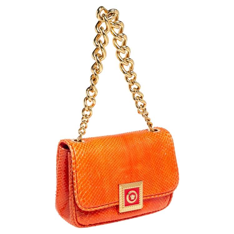 Pre Owned Versace Orange Embossed Python Leather Medusa Flap Shoulder Bag
