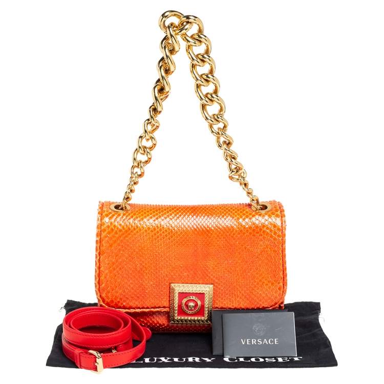 Pre Owned Versace Orange Embossed Python Leather Medusa Flap Shoulder Bag