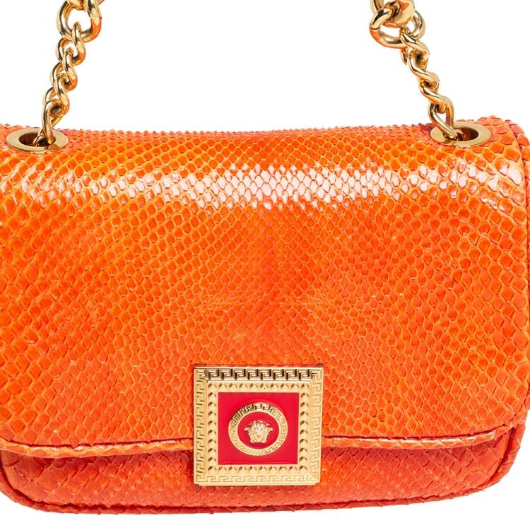 Pre Owned Versace Orange Embossed Python Leather Medusa Flap Shoulder Bag