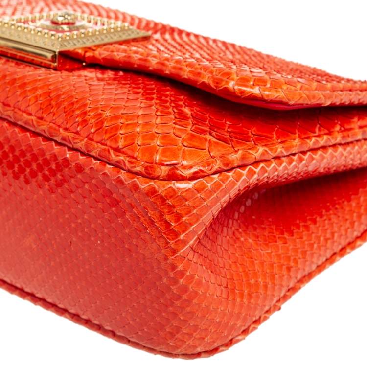 Pre Owned Versace Orange Embossed Python Leather Medusa Flap Shoulder Bag