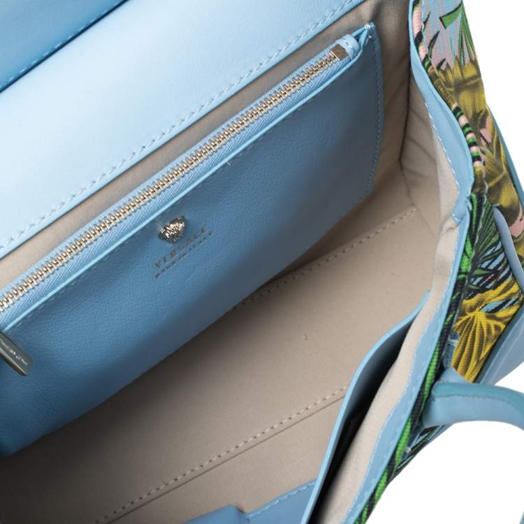 Pre Owned Versace Blue Leather And Desert Palm Print Fabric Palazzo Empire Satchel