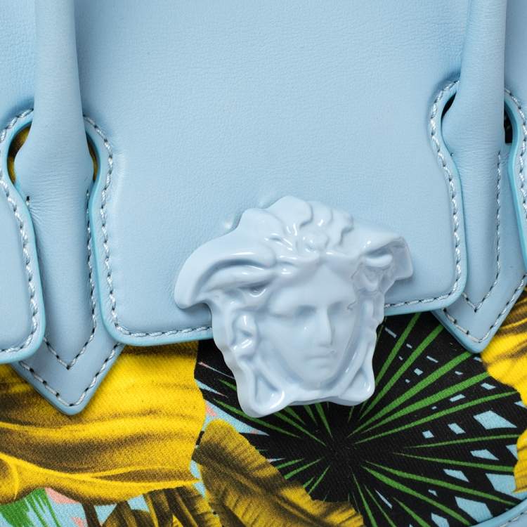 Pre Owned Versace Blue Leather And Desert Palm Print Fabric Palazzo Empire Satchel