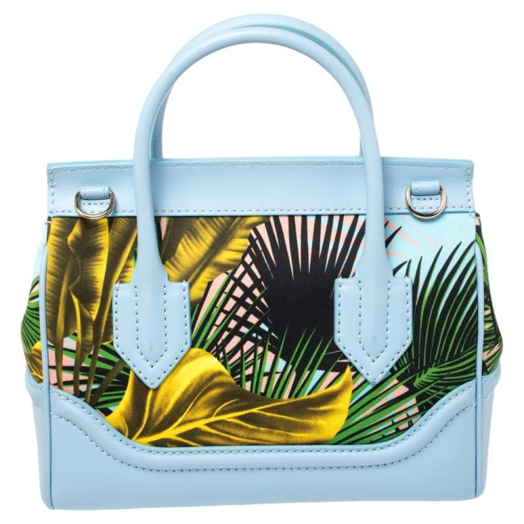 Pre Owned Versace Blue Leather And Desert Palm Print Fabric Palazzo Empire Satchel