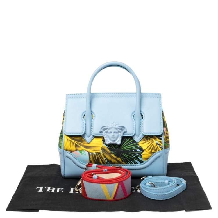 Pre Owned Versace Blue Leather And Desert Palm Print Fabric Palazzo Empire Satchel