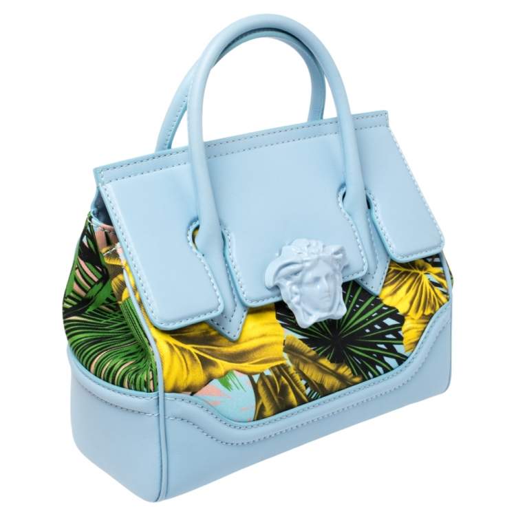 Pre Owned Versace Blue Leather And Desert Palm Print Fabric Palazzo Empire Satchel