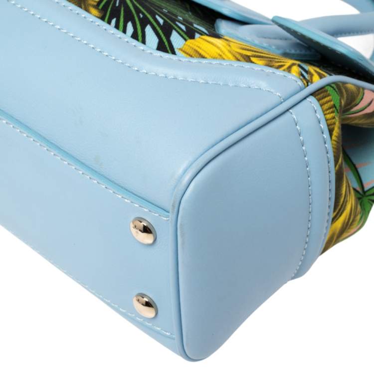 Pre Owned Versace Blue Leather And Desert Palm Print Fabric Palazzo Empire Satchel