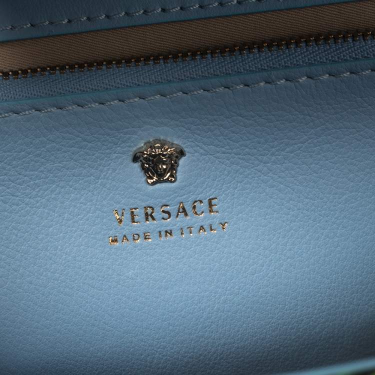 Pre Owned Versace Blue Leather And Desert Palm Print Fabric Palazzo Empire Satchel