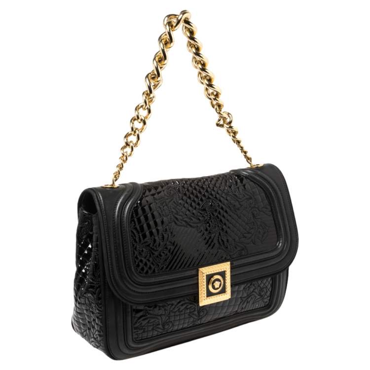 مملوكة مسبقًا Versace Black Leather and Patent Leather Chain Flap Shoulder Bag