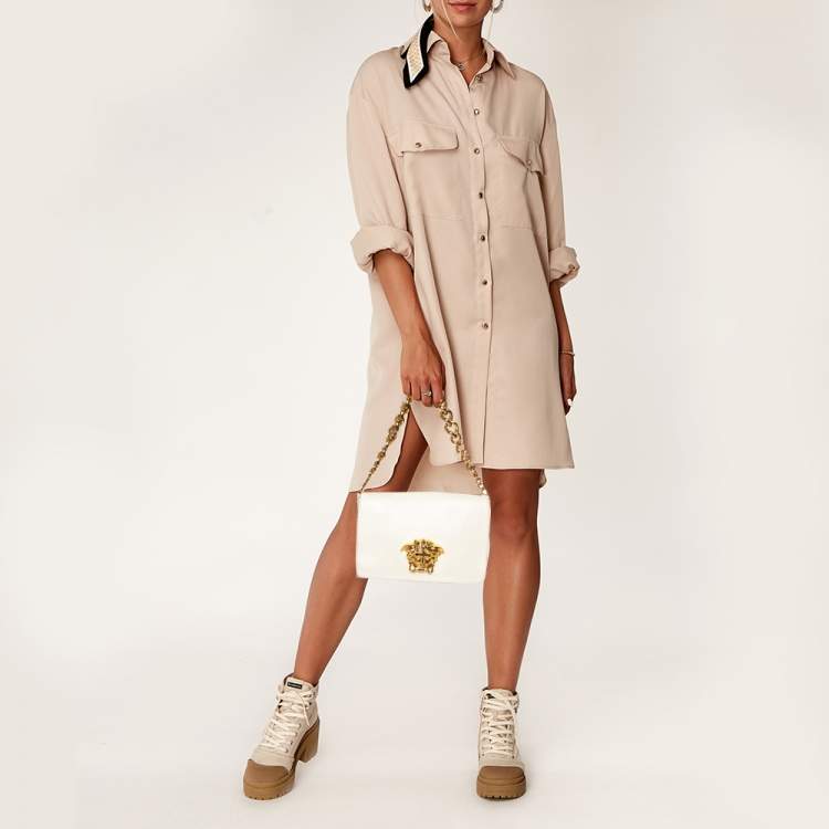 Pre Owned Versace White Leather Medusa Flap Shoulder Bag