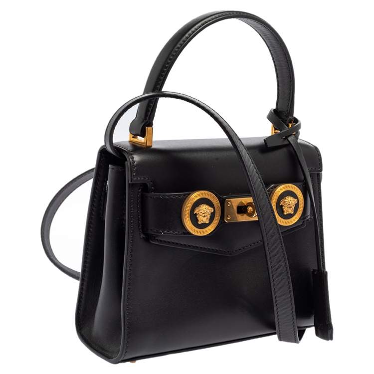 Pre Owned Versace Black Leather Small Icon Top Handle Bag