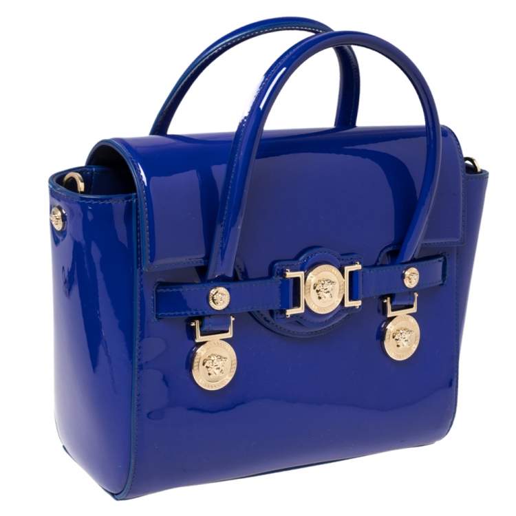 Pre Owned Versace Blue Patent Leather Medium Medusa Medallion Tote