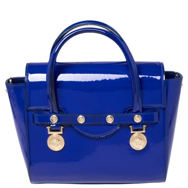 Pre Owned Versace Blue Patent Leather Medium Medusa Medallion Tote