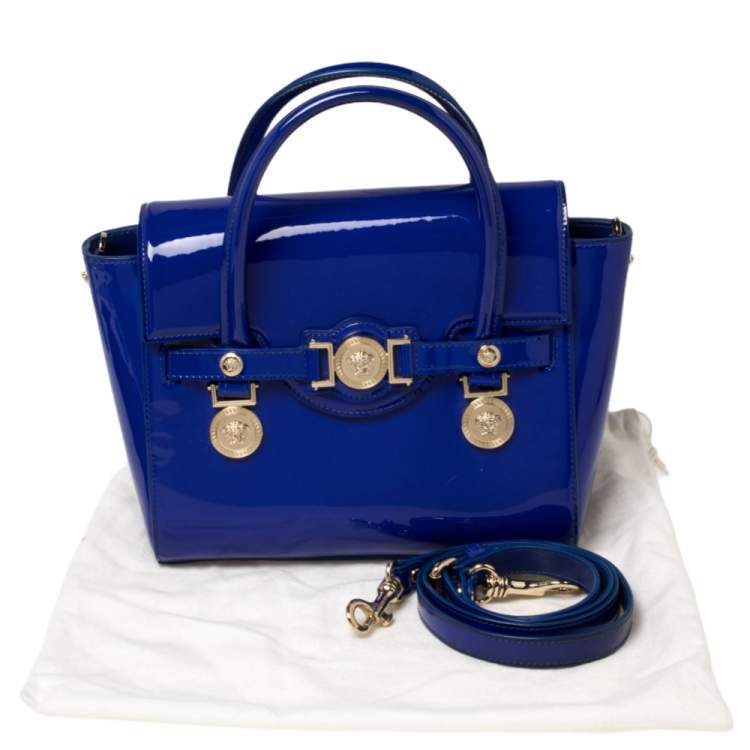 Pre Owned Versace Blue Patent Leather Medium Medusa Medallion Tote