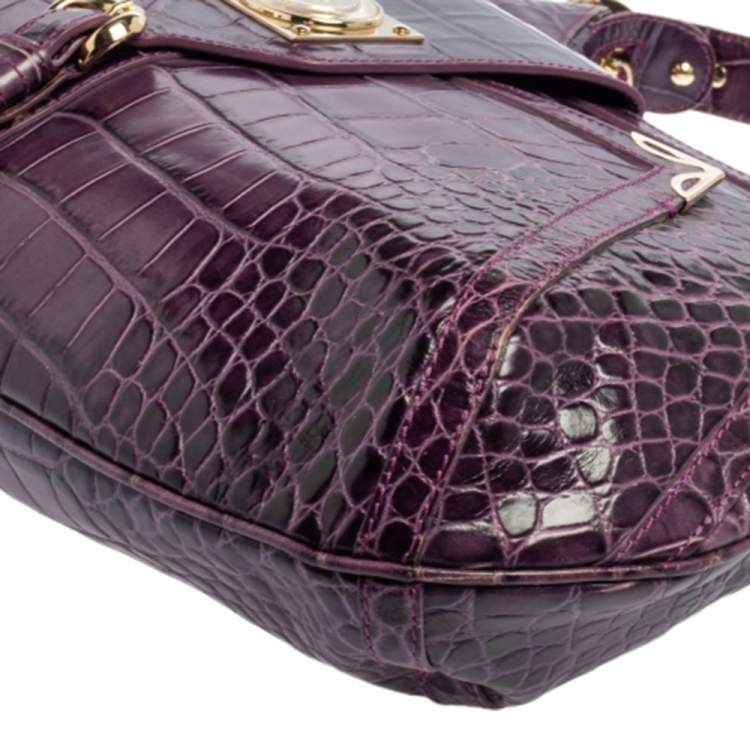 Pre Owned Versace Purple Croc Embossed Leather Hobo