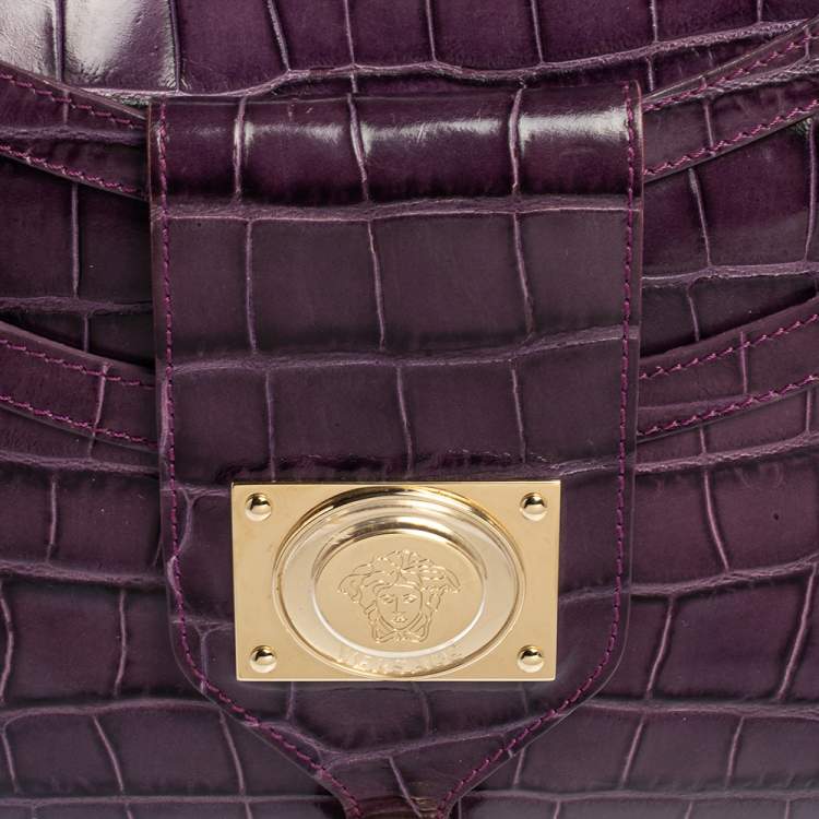 Pre Owned Versace Purple Croc Embossed Leather Hobo