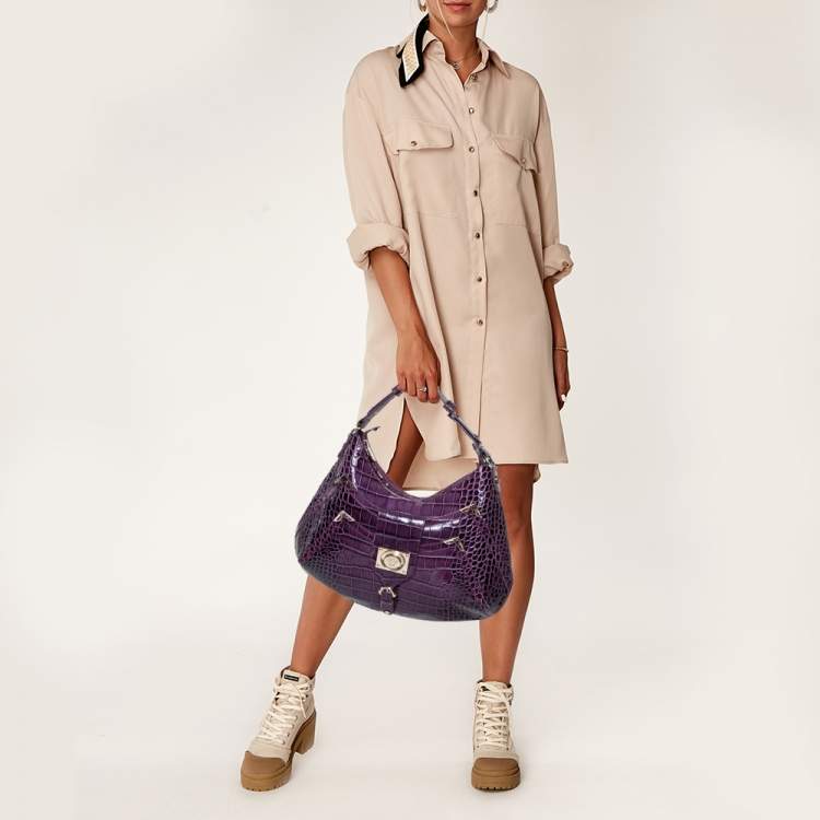 Pre Owned Versace Purple Croc Embossed Leather Hobo
