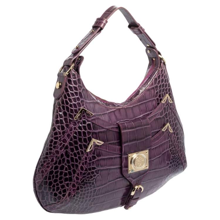 Pre Owned Versace Purple Croc Embossed Leather Hobo