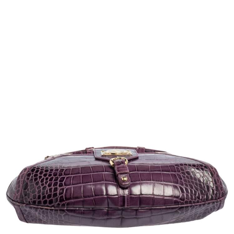 Pre Owned Versace Purple Croc Embossed Leather Hobo