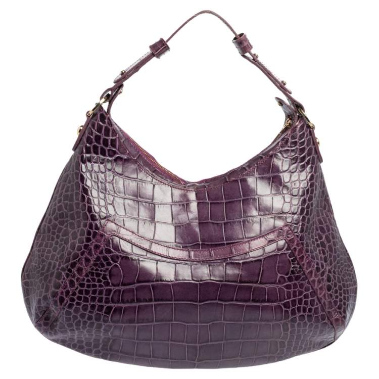 Pre Owned Versace Purple Croc Embossed Leather Hobo
