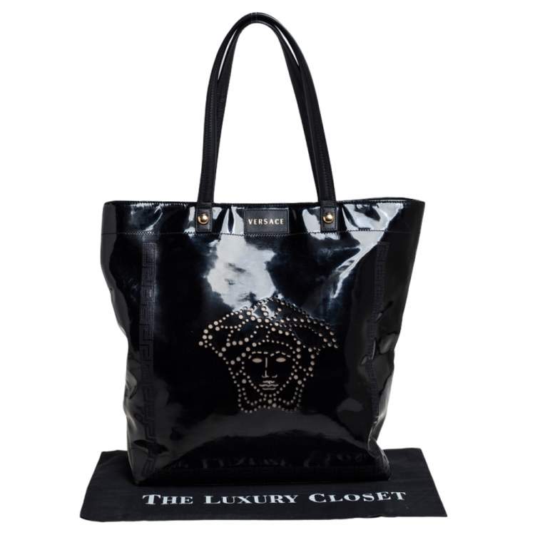 Pre Owned Versace Black Patent Leather Perforated Medusa Shopper Tote