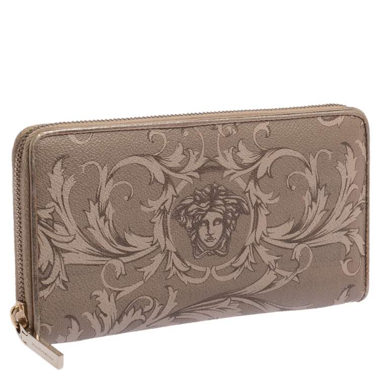 Pre Owned Versace Grey Barocco Print Coated Canvas Zip Around Wallet  