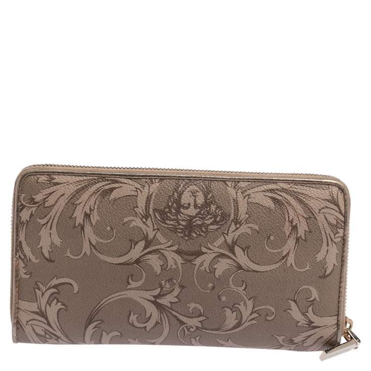 Pre Owned Versace Grey Barocco Print Coated Canvas Zip Around Wallet  
