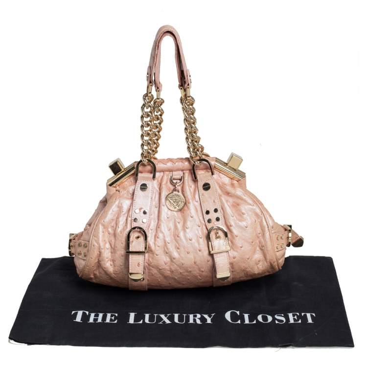 Pre Owned Versace Peach Ostrich Embossed Leather Madonna Satchel