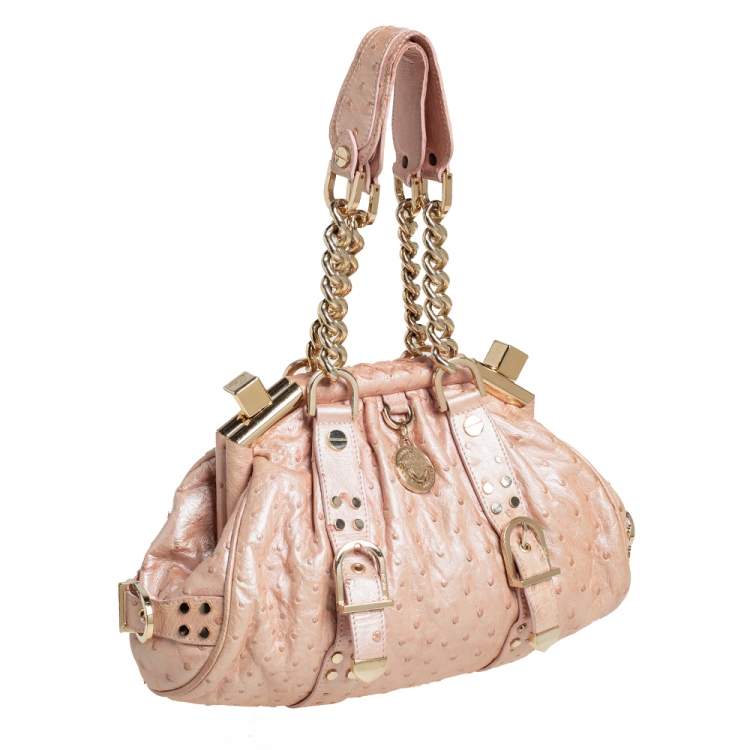 Pre Owned Versace Peach Ostrich Embossed Leather Madonna Satchel
