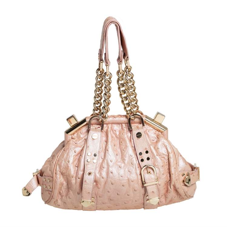 Pre Owned Versace Peach Ostrich Embossed Leather Madonna Satchel