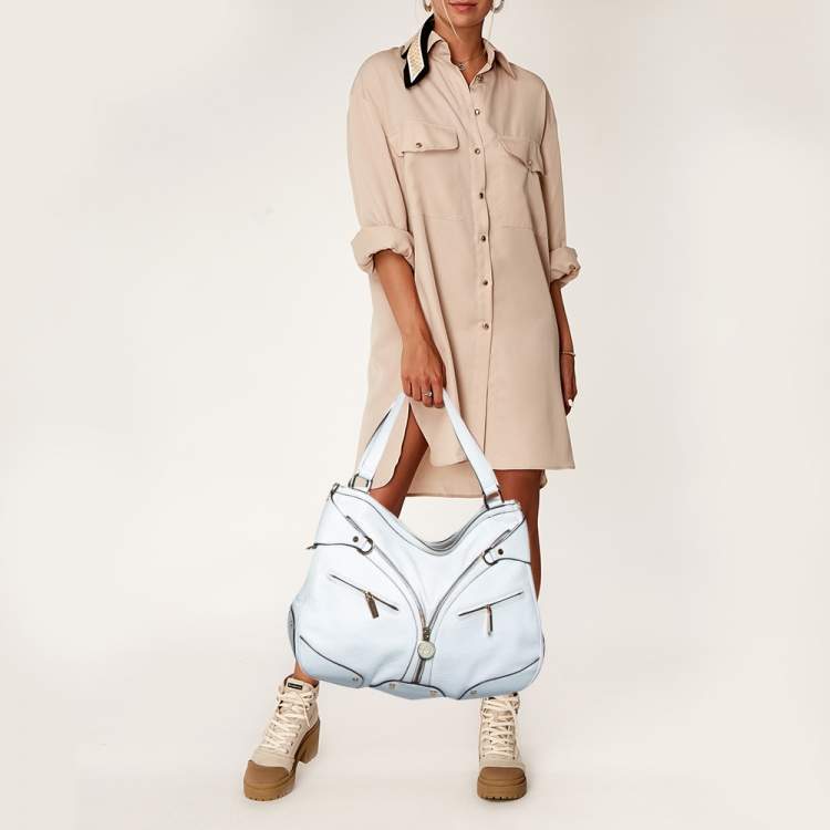 Pre Owned Versace White Pebbled Leather Biker Hobo