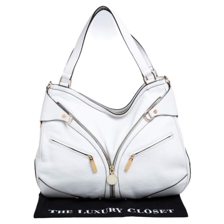 Pre Owned Versace White Pebbled Leather Biker Hobo