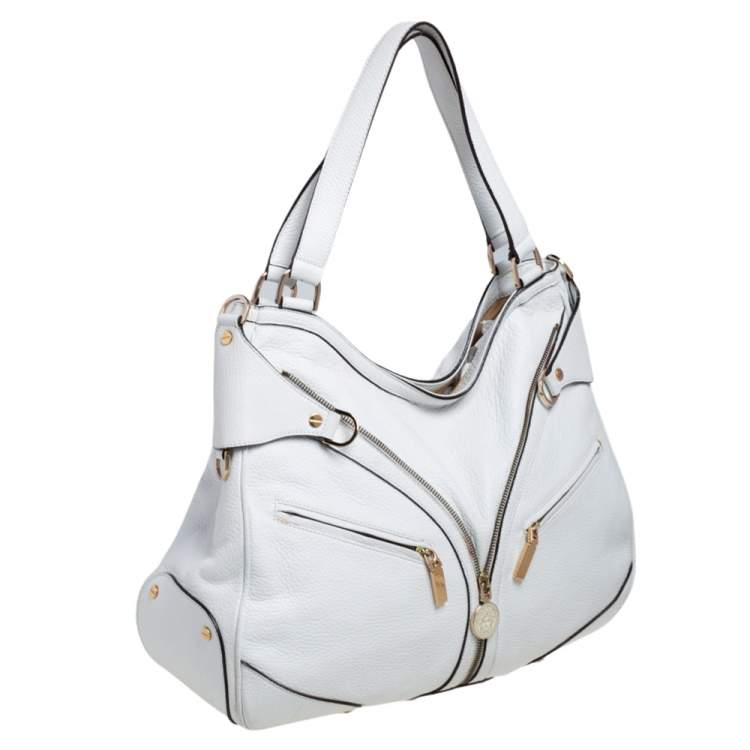 Pre Owned Versace White Pebbled Leather Biker Hobo