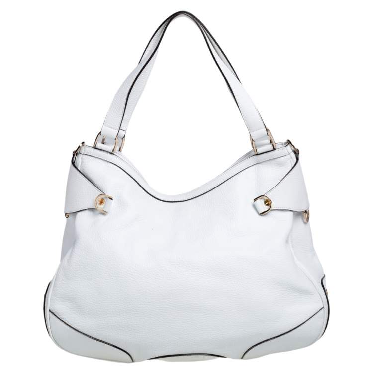 Pre Owned Versace White Pebbled Leather Biker Hobo