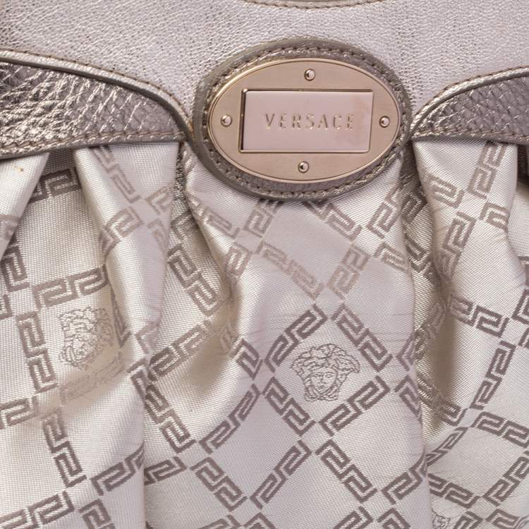 Pre Owned Versace Gold Monogram Fabric and Leather Logo Plate Hobo