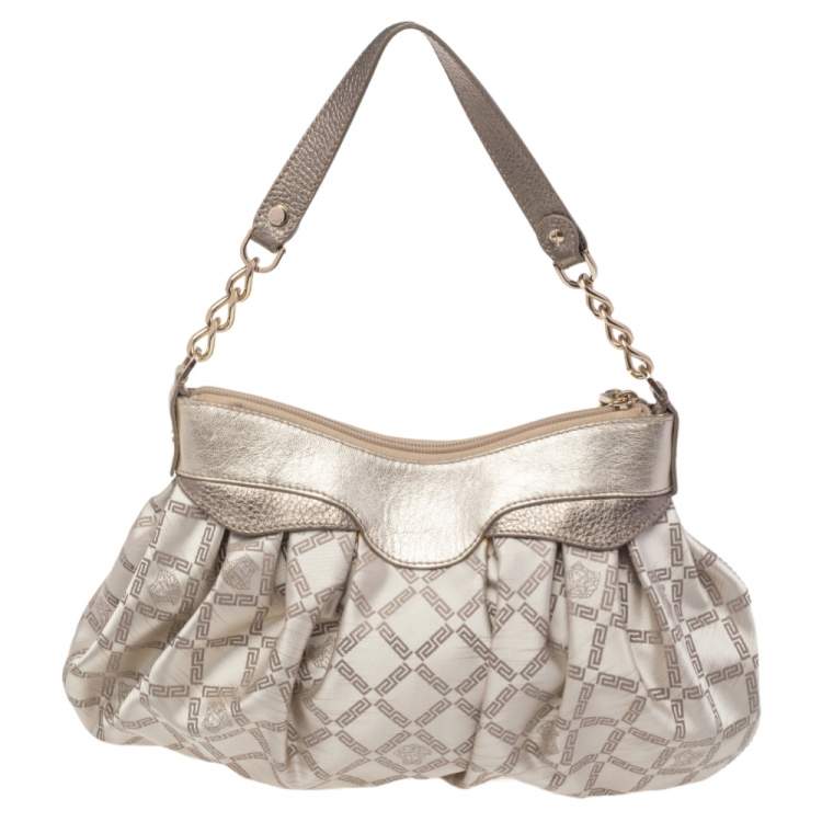 Pre Owned Versace Gold Monogram Fabric and Leather Logo Plate Hobo