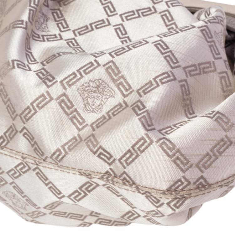 Pre Owned Versace Gold Monogram Fabric and Leather Logo Plate Hobo