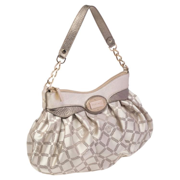 Pre Owned Versace Gold Monogram Fabric and Leather Logo Plate Hobo