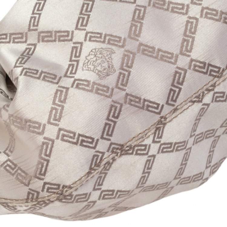 Pre Owned Versace Gold Monogram Fabric and Leather Logo Plate Hobo