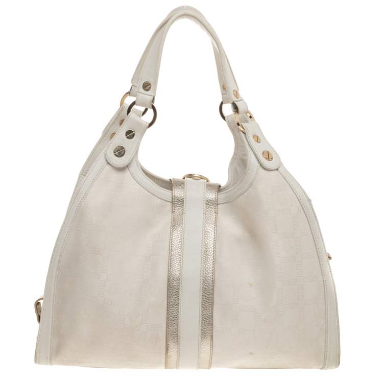 Pre Owned Versace White Signature Canvas And Leather Buckle Hobo