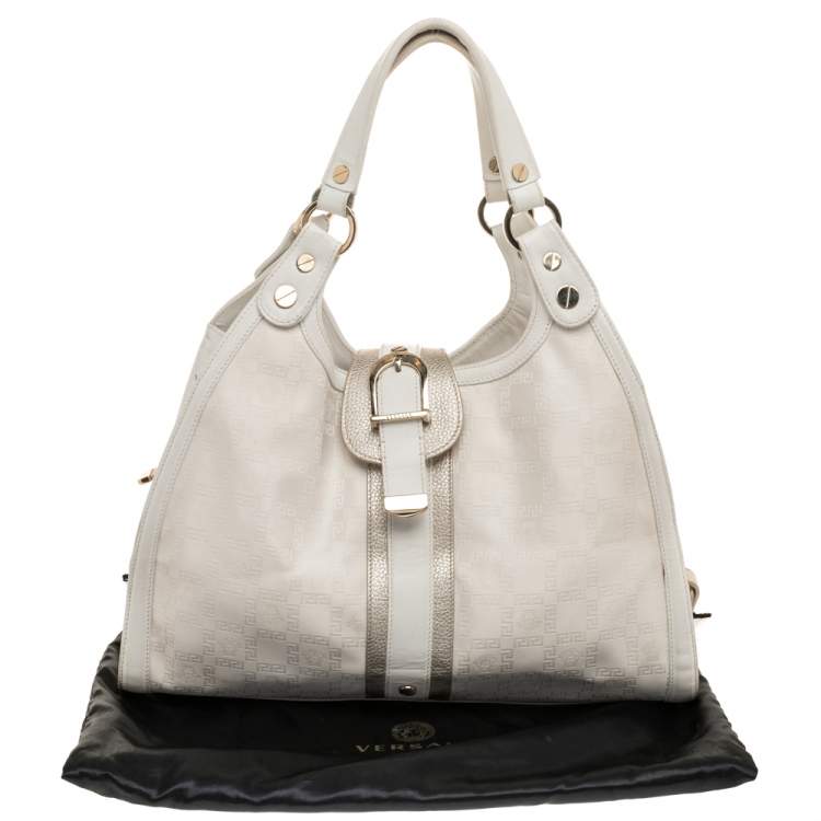Pre Owned Versace White Signature Canvas And Leather Buckle Hobo