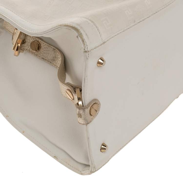 Pre Owned Versace White Signature Canvas And Leather Buckle Hobo