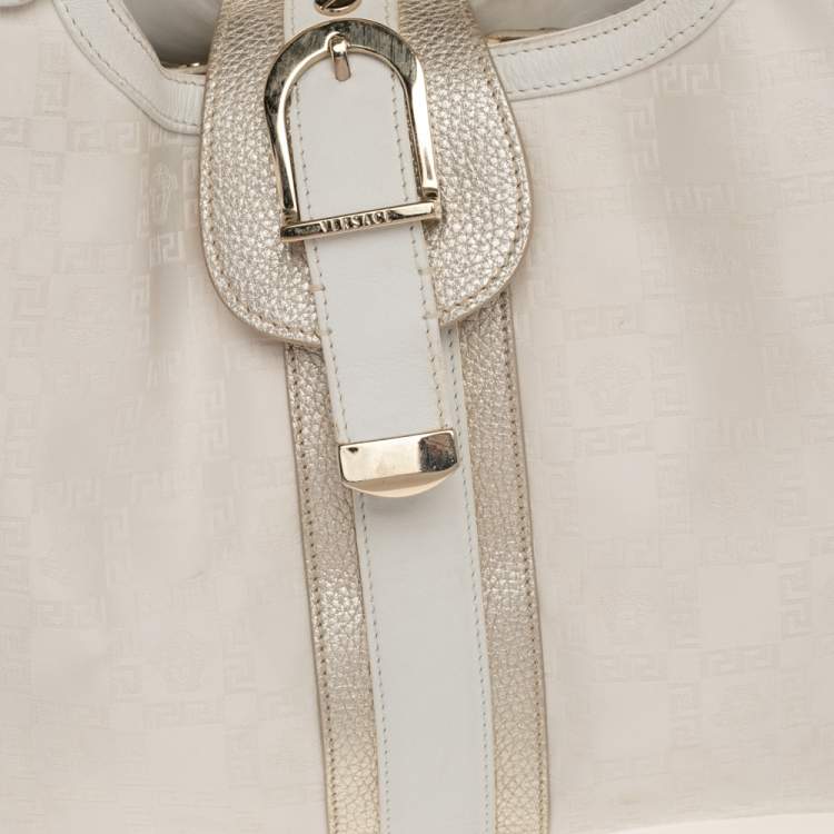 Pre Owned Versace White Signature Canvas And Leather Buckle Hobo
